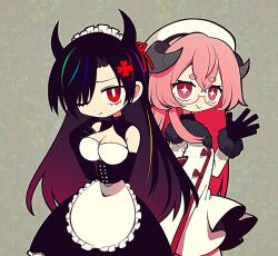 Rule 34 | 2girls, bare shoulders, black hair, breasts, cleavage, clover, clover hair ornament, collar, comdost (vtuber), commission, demon horns, dress, elbow gloves, finger to cheek, four-leaf clover, four-leaf clover hair ornament, funamusea (artist), fur-trimmed sleeves, fur trim, glasses, gloves, grey background, hair ornament, hitsuji mayoi, horns, indie virtual youtuber, large breasts, long hair, maid, maid headdress, multiple girls, one eye closed, pink eyes, pink hair, red-framed eyewear, red eyes, round eyewear, second-party source, semi-rimless eyewear, sidelocks, skeb commission, smile, sparkling eyes, waving, white dress