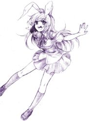 Rule 34 | 1girl, animal ears, bow, bowtie, dress shirt, female focus, graphite (medium), kneehighs, leaning forward, long hair, monochrome, open mouth, outstretched arms, rabbit ears, reisen udongein inaba, shirt, smile, socks, solo, spread arms, touhou, traditional media, usa (artist), usaki (ama)