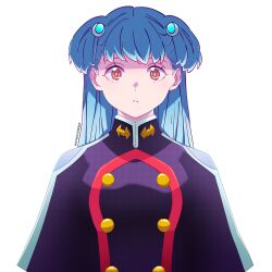 Rule 34 | 1girl, black jacket, blue hair, closed mouth, hair ornament, jacket, long hair, looking at viewer, mato seihei no slave, orange eyes, serious, simple background, tsukiyono bell, very long hair, white background