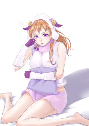 Rule 34 | 1girl, absurdres, animal costume, animal ears, animal hat, animal hood, arm warmers, artist name, artist request, bare legs, bare shoulders, barefoot, black gloves, blue bow, blush, bow, breasts, brown hair, crescent moon symbol, detached sleeves, exciting animal (love live!), feet, female focus, frilled sleeves, frills, fur-trimmed shirt, fur trim, gloves, hair between eyes, hat, highres, holding, holding pillow, hood, horns, jewelry, konoe kanata, long hair, looking at viewer, love live!, love live! nijigasaki high school idol club, love live! school idol festival, love live! school idol festival all stars, parted lips, pillow, pink shirt, pink shorts, purple eyes, sheep costume, sheep ears, sheep hood, sheep horns, sheep tail, shirt, shorts, sitting, sleeveless, sleeveless shirt, smile, solo, striped clothes, striped shorts, tail, white background