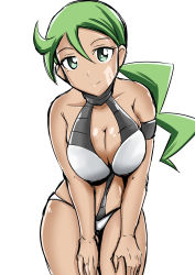 Rule 34 | 1girl, bikini, breasts, cleavage, cosplay, creatures (company), dawn (pokemon), dawn (pokemon) (cosplay), game freak, green eyes, green hair, hat, highres, ihara shigekatsu, large breasts, long hair, looking at viewer, mitsumi (pokemon), nintendo, pokemon, pokemon dp (manga), ponytail, skirt, smile, solo, swimsuit, tagme, thick thighs, thighs, wide hips