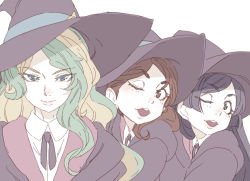 Rule 34 | 3girls, barbara parker, black eyes, blonde hair, brown eyes, brown hair, closed mouth, diana cavendish, green eyes, green hair, hannah england, hat, highres, little witch academia, long hair, looking at viewer, multicolored hair, multiple girls, one eye closed, open mouth, pale color, simple background, smile, tasaka shinnosuke, two-tone hair, white background, witch hat
