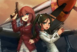 Rule 34 | 2girls, aircraft, airplane, bee (deadflow), blue eyes, breasts, charlotte e. yeager, choker, escort fighter, fang, francesca lucchini, green eyes, green hair, gun, hand on own hip, handgun, long hair, m1911, military, military uniform, multiple girls, open mouth, orange hair, p-51 mustang, shaded face, small breasts, strike witches, traditional media, trigger discipline, twintails, uniform, weapon, world witches series