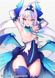 Rule 34 | 1girl, :d, armpits, bad id, bad pixiv id, blue eyes, blue horns, blue thighhighs, blue wings, blush, breasts, cameltoe, commentary request, detached sleeves, elsword, horns, leotard, long hair, looking at viewer, luciela r. sourcream, nipples, noblesse (elsword), open mouth, patreon username, pointy ears, revision, simple background, small breasts, smile, solo, standing, star-shaped pupils, star (symbol), strapless, strapless leotard, symbol-shaped pupils, thighhighs, waero, white background, white hair, wings