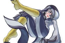 Rule 34 | 1girl, animal hood, ass, bird legs, bird tail, blue eyes, blush, breasts, duel monster, harpy, hood, lyrilusc - sapphire swallow, monster girl, nasubi3632, open mouth, small breasts, solo, tail, talons, tearing up, wavy mouth, white background, yu-gi-oh!