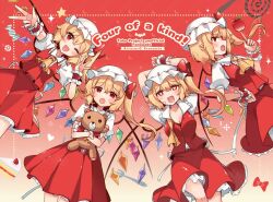 Rule 34 | 4girls, apple, ascot, bow, fangs, flandre scarlet, food, four of a kind (touhou), frills, fruit, hat, heart, heart in eye, kirero, mob cap, multicolored wings, multiple girls, one eye closed, one side up, red bow, red skirt, skirt, star (symbol), stuffed animal, stuffed toy, symbol in eye, teddy bear, touhou, white headwear, wings, yellow ascot