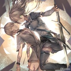 Rule 34 | ahoge, arcaea, black collar, black footwear, black legwear, boots, breasts, brown hair, burn scar, character request, collar, collared shirt, commentary request, copyright notice, dutch angle, fixro2n, floating hair, green eyes, grey shirt, grey skirt, hair between eyes, holding, holding sword, holding weapon, long hair, medium breasts, official art, scar, shirt, skirt, sword, thigh boots, thighhighs, watermark, weapon