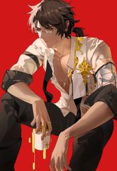 Rule 34 | 1boy, absurdres, arknights, black hair, black pants, closed mouth, collarbone, cup, dark-skinned male, dark skin, ear piercing, feet out of frame, glasses, highres, holding, holding cup, invisible chair, jewelry, leleyoukuailele, long sleeves, male focus, multiple rings, necklace, open clothes, open shirt, pants, piercing, red background, red eyes, ring, shirt, short hair, short ponytail, simple background, sitting, solo, thorns (arknights), v-shaped eyebrows, white shirt