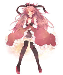 Rule 34 | 10s, 1girl, adapted costume, bad id, bad pixiv id, bare shoulders, black thighhighs, bow, female focus, full body, gradient background, hair bow, hair ribbon, long hair, magical girl, mahou shoujo madoka magica, mahou shoujo madoka magica (anime), pekikokko, ponytail, red eyes, red hair, ribbon, sakura kyoko, slippers, solo, thighhighs, white background