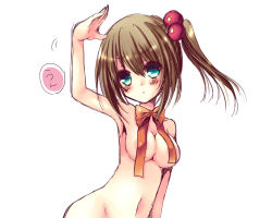 Rule 34 | 1girl, arm up, blush, breasts, brown hair, hair bobbles, hair ornament, meiya neon, naked ribbon, ribbon, side ponytail, simple background, solo, white background