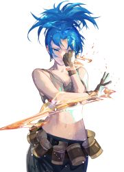 Rule 34 | 1girl, ammunition belt, bare shoulders, black pants, blue eyes, blue hair, cargo pants, closed mouth, cofffee, earrings, gloves, jewelry, leona heidern, navel, pants, ponytail, simple background, slashing, sleeveless, solo, tank top, the king of fighters, triangle earrings, white background, yellow tank top