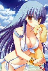 Rule 34 | 1girl, absurdres, beach, bikini, blue hair, blush, breasts, brown eyes, cleavage, cloud, collarbone, day, embarrassed, fingernails, front-tie top, hachimitsu otome blossom days, highres, igano rin, large breasts, long hair, looking at viewer, miyasu risa, navel, open mouth, outdoors, sand, side-tie bikini bottom, sky, solo, standing, swimsuit, towel, water, white bikini, wristband
