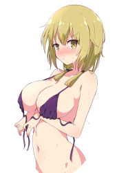 Rule 34 | 1girl, bikini, bikini top only, blonde hair, bottomless, breasts, collarbone, commentary request, groin, highres, ichii yui, large breasts, looking at viewer, mel (melty pot), navel, out-of-frame censoring, purple bikini, short hair, short twintails, solo, sweat, swimsuit, twintails, yellow eyes, yuyushiki