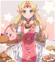Rule 34 | 1girl, armor, bead necklace, beads, blonde hair, blue eyes, blush, blush stickers, border, box, bracer, burger, checkerboard cookie, circlet, closed mouth, collarbone, commentary request, cookie, cupcake, dress, earrings, eating, eyelashes, food, forehead jewel, french fries, gem, gradient background, hair ornament, hands up, holding, holding food, hoop earrings, jewelry, kirby, kirby (series), long hair, looking at viewer, miri (cherryjelly), napkin, necklace, nintendo, outside border, parted bangs, pastry box, pie, pink dress, pointy ears, princess zelda, red gemstone, short sleeves, shoulder armor, sidelocks, simple background, sparkle, star (symbol), super smash bros., the legend of zelda, the legend of zelda: a link between worlds, triforce, triforce earrings, triforce print, white border, white dress