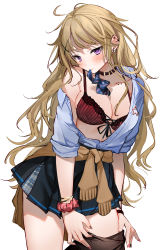 Rule 34 | 1girl, absurdres, ahoge, black skirt, blonde hair, blue bow, blue shirt, blush, bow, bowtie, bra, bracelet, breasts, brown legwear, buckle, cleavage, closed mouth, clothes around waist, collar, ear piercing, hair ornament, head tilt, highres, jewelry, leaning forward, long hair, looking at viewer, medium breasts, miniskirt, mouth hold, multicolored nails, nail polish, open clothes, open shirt, original, piercing, pleated skirt, purple eyes, red bra, revision, school uniform, scrunchie, shirt, short sleeves, simple background, skirt, smile, solo, striped bra, striped clothes, unaligned breasts, underwear, undressing, unworn bowtie, vertical-striped bra, vertical-striped clothes, very long hair, white background, wrist scrunchie, x hair ornament, xretakex