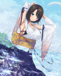 Rule 34 | 1girl, :d, armpits, arms up, black ribbon, blue eyes, blue flower, blue hakama, blue sky, blush, breasts, brown hair, bush, cloud, collarbone, commentary request, convenient censoring, detached sleeves, final fantasy, final fantasy x, floral print, flower, hakama, hakama skirt, japanese clothes, kimono, large breasts, long sleeves, looking at viewer, obi, open mouth, outdoors, partially submerged, print hakama, rainbow, ribbon, ribbon-trimmed sleeves, ribbon trim, sash, sideboob, skirt, sky, smile, solo, sparkle, sugihara azuki, water, white kimono, wide sleeves, yuna