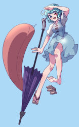 Rule 34 | 1girl, :d, ahodemoaru, arm up, blue background, blue eyes, blue hair, blue skirt, blue vest, brown footwear, commentary request, cross-laced clothes, full body, geta, heterochromia, highres, karakasa obake, one-hour drawing challenge, open mouth, purple umbrella, red eyes, shirt, short hair, short sleeves, simple background, skirt, smile, solo, tatara kogasa, tongue, touhou, umbrella, vest, white shirt