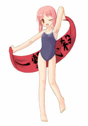Rule 34 | 1girl, :d, arm up, armpits, barefoot, blue one-piece swimsuit, blush, female focus, full body, legs, one-piece swimsuit, one eye closed, open mouth, pink hair, simple background, smile, solo, swimsuit, towel, white background