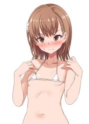 Rule 34 | 1girl, absurdres, bare arms, bare shoulders, bikini, blush, breasts, brown eyes, brown hair, closed mouth, collarbone, commentary request, flower, hair flower, hair ornament, hands up, harigane shinshi, highres, looking at viewer, micro bikini, misaka mikoto, navel, nose blush, revision, simple background, small breasts, solo, sweat, swimsuit, toaru kagaku no railgun, toaru majutsu no index, upper body, white background, white bikini, white flower