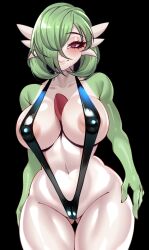 Rule 34 | 1girl, areola slip, arms at sides, bare shoulders, black background, black slingshot swimsuit, blush, bob cut, bright pupils, cameltoe, closed mouth, collarbone, colored skin, covered erect nipples, cowboy shot, creatures (company), female focus, game freak, gardevoir, gen 3 pokemon, gluteal fold, green hair, green skin, groin, hair over one eye, half-closed eyes, happy, looking at viewer, messy hair, multicolored skin, navel, nintendo, one eye covered, pokemon, pokemon (creature), red eyes, shiny clothes, short hair, sidelocks, simple background, slingshot swimsuit, smile, solo, split mouth, standing, stomach, thick thighs, thighs, two-tone skin, white pupils, white skin, wide hips, zwei (saedelaere)