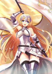 Rule 34 | 1girl, arm up, armor, armored dress, blonde hair, blush, breasts, dress, elbow gloves, fate/apocrypha, fate/grand order, fate (series), gauntlets, gloves, harimoji, headpiece, jeanne d&#039;arc (fate), jeanne d&#039;arc (ruler) (fate), jeanne d&#039;arc (third ascension) (fate), large breasts, long hair, looking at viewer, purple eyes, short dress, smile, solo, thighhighs, underbust