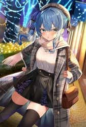 Rule 34 | 1girl, alternate costume, bag, beret, black thighhighs, blue eyes, blue hair, bow, casual, christmas lights, coat, dutch angle, hair bow, handbag, hat, high-waist skirt, highres, hololive, hoshimachi suisei, jewelry, looking at viewer, necklace, open mouth, satoupote, scarf, side ponytail, skirt, solo, thighhighs, virtual youtuber, zettai ryouiki