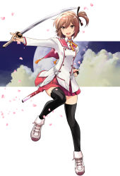 Rule 34 | 10s, 1girl, :d, black thighhighs, breasts, brown eyes, brown hair, cherry blossoms, etou kanami, full body, hair ribbon, highres, holding, holding sword, holding weapon, katana, looking at viewer, one side up, open mouth, pleated skirt, red skirt, ribbon, saitou sakae, school uniform, shoes, short hair, skirt, small breasts, smile, sneakers, solo, sword, thighhighs, toji no miko, unsheathed, weapon