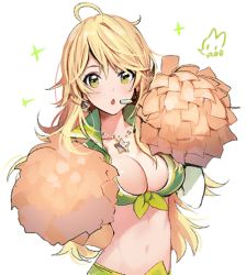 Rule 34 | 1girl, :o, ahoge, artist name, bad id, bad twitter id, blonde hair, breasts, cheerleader, cleavage, crop top, earrings, female focus, front-tie top, green eyes, headset, hoshii miki, idolmaster, idolmaster (classic), jewelry, large breasts, long hair, midriff, navel, necklace, open mouth, pom pom (cheerleading), rod (rod4817), shirt, simple background, solo, star (symbol), star earrings, star necklace, tied shirt, white background