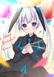 Rule 34 | 1girl, balloon, black shirt, blue eyes, blue necktie, blush, character name, collared shirt, confetti, grey jacket, grey skirt, hair behind ear, happy birthday, head tilt, highres, holding, holding balloon, jacket, looking at viewer, military, military uniform, muv-luv, muv-luv alternative, necktie, parted lips, shirt, silver hair, skirt, solo, tenti0619, twintails, uniform, yashiro kasumi
