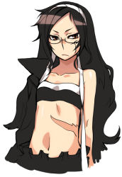 Rule 34 | 1girl, bandeau, black hair, brown eyes, flat chest, glasses, hairband, long hair, rumie, scar, serious, solo, strapless, tattoo, tube top