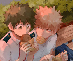 Rule 34 | 2boys, bag, bakugou katsuki, bench, blue bag, boku no hero academia, brown eyes, brown hair, bun (food), bush, buttons, closed mouth, collared shirt, commentary, dango (uni 520), eating, english commentary, fingernails, food, green eyes, green hair, grey background, grey shirt, hair between eyes, hands up, highres, leaf, light brown hair, looking at another, looking to the side, midoriya izuku, multiple boys, necktie, on bench, package, red necktie, shirt, short hair, short sleeves, simple background, sitting