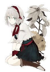 Rule 34 | 1girl, alice margatroid, alternate hair color, armband, between legs, blue dress, boots, brown footwear, capelet, closed mouth, dress, flower, frills, from side, green eyes, grey hair, hairband, hand between legs, looking at viewer, necro (nekurodayo), red hairband, red neckwear, red sash, sash, seiza, sitting, solo, touhou, white background, white capelet