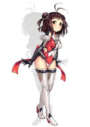 Rule 34 | 00s, 10s, 1girl, adapted costume, antenna hair, blush, boots, bow, brown eyes, brown hair, double bun, elbow gloves, gloves, hair bun, high heel boots, high heels, highres, kantai collection, leotard, naka (kancolle), remodel (kantai collection), satou kuuki, smile, solo, taimanin (series), taimanin asagi, taimanin suit, thigh boots, thighhighs, white background, white footwear, white thighhighs