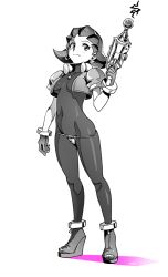 Rule 34 | 1girl, ankle boots, bad id, bad twitter id, bodysuit, boots, breasts, capcom, commentary, cropped jacket, crotch plate, earrings, full body, gloves, greyscale, holding, holding weapon, jacket, jewelry, looking at viewer, medium breasts, mega man (series), mega man legends (series), monochrome, open clothes, open jacket, optionaltypo, short hair, short sleeves, signature, simple background, skin tight, smile, solo, standing, tron bonne (mega man), weapon, wedge heels, white background