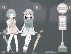 Rule 34 | 2girls, absurdres, artist name, bag, blunt bangs, blush, bow, braid, brown hair, closed eyes, closed umbrella, dress, glowing, grey footwear, grey hair, highres, invisible chair, jewelry, lamppost, limited palette, medium hair, multiple girls, necklace, night, night sky, noeru (noellemonade), open mouth, orange footwear, original, outdoors, plant, puffy short sleeves, puffy sleeves, road sign, short hair, short sleeves, shoulder bag, sign, signature, sitting, skirt, sky, smile, star (sky), starry sky, striped clothes, striped skirt, tree, umbrella
