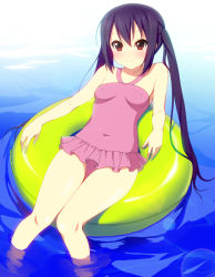Rule 34 | 1girl, bare shoulders, black hair, blush, breasts, brown eyes, casual one-piece swimsuit, covered erect nipples, female focus, innertube, k-on!, kyoku tou, long hair, nakano azusa, one-piece swimsuit, pink one-piece swimsuit, small breasts, smile, solo, swim ring, swimsuit, twintails, water