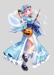 Rule 34 | 1girl, arm garter, black footwear, black ribbon, blue bow, blue kimono, blush, bobby socks, bow, breasts, closed mouth, commentary, food, frilled kimono, frills, full body, ghost, halloween, halloween bucket, hat, highres, hitodama, holding, holding food, ice cream, ice cream cone, jack-o&#039;-lantern, japanese clothes, kapuchii, kimono, knee up, large breasts, legs, long sleeves, looking at viewer, mary janes, mob cap, neck ribbon, obi, on one knee, pink eyes, pink hair, popcorn, pumpkin, red eyes, ribbon, saigyouji yuyuko, sash, sepia background, shoes, short hair, short socks, socks, solo, standing, standing on one leg, tongue, tongue out, touhou, triangular headpiece, wavy hair, wide sleeves, wing collar