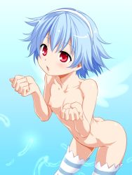 Rule 34 | 1girl, ass, blue background, blue hair, blush, breasts, feathers, female focus, funnyari, gradient background, hair ornament, hairband, navel, nipples, nude, open mouth, red eyes, short hair, small breasts, solo, standing, striped clothes, striped thighhighs, thighhighs, tokyo libido, usahane air, wings