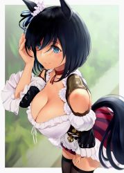 Rule 34 | 1girl, animal ears, bare shoulders, black hair, blue eyes, blush, breasts, cleavage, eishin flash (umamusume), highres, horse ears, horse girl, horse tail, large breasts, looking at viewer, short hair, smile, solo, tail, thighhighs, thighs, umamusume, wa (genryusui)