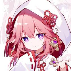 Rule 34 | 1girl, chibi, closed mouth, commentary request, genshin impact, hair between eyes, japanese clothes, kimono, long hair, long sleeves, looking at viewer, pink hair, purple eyes, quan (kurisu tina), signature, sleeves past fingers, sleeves past wrists, smile, solo, uchikake, upper body, white kimono, yae miko, zoom layer