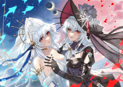 2girls arknights bare_shoulders black_dress black_gloves black_hat black_nails breasts cleavage cloak collared_dress dress dual_persona elbow_gloves fish flower gloves grey_hair hair_between_eyes hat hat_flower highres holding_hands long_hair long_sleeves looking_at_viewer multiple_girls nora_(le-chat-noir) official_alternate_costume parted_lips red_eyes see-through see-through_veil smile specter_(arknights) specter_the_unchained_(arknights) specter_the_unchained_(born_as_one)_(arknights) two-sided_cloak two-sided_fabric upper_body veil very_long_hair white_dress white_hair