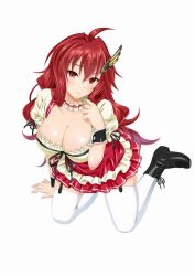 Rule 34 | 1girl, ahoge, ankle boots, black footwear, boots, breasts, cle masahiro, cleavage, cross-laced footwear, dirndl, full body, garter straps, german clothes, highres, kisaragi setsuna, lace-up boots, large breasts, long hair, neck garter, official art, puffy sleeves, red eyes, red hair, short sleeves, simple background, solo, thighhighs, valkyrie drive, valkyrie drive -siren-, white background, white thighhighs, wrist cuffs