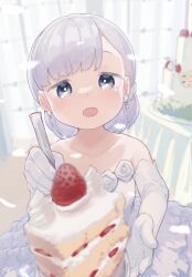 Rule 34 | 1girl, aharen-san wa hakarenai, aharen reina, bare shoulders, blue eyes, blurry, blurry background, blurry foreground, cake, collarbone, commentary request, depth of field, dot nose, dress, earrings, elbow gloves, food, foreshortening, fruit, gloves, hair behind ear, highres, holding, holding spoon, incoming food, indoors, jewelry, light blush, light purple hair, looking at viewer, mizu asato, open hand, open mouth, short hair, solo, spoon, strapless, strapless dress, strawberry, table, upper body, wedding cake, wedding dress, white dress, white gloves