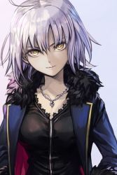 Rule 34 | 1girl, ahoge, breasts, coat, fate/grand order, fate (series), fur collar, hair between eyes, hungry clicker, jeanne d&#039;arc (fate), jeanne d&#039;arc alter (fate), jeanne d&#039;arc alter (ver. shinjuku 1999) (fate), jewelry, multicolored coat, necklace, official alternate costume, purple hair, short hair, solo, upper body, white background