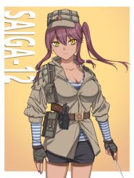 Rule 34 | 1girl, belt, black shorts, breasts, character name, cleavage, closed mouth, collarbone, feet out of frame, girls&#039; frontline, gun, hair ornament, highres, holding, holding knife, holster, holstered, kapkan (rainbow six siege), knife, long hair, looking at viewer, medium breasts, military, military uniform, nail polish, orange eyes, purple hair, purple nails, rainbow six siege, saiga-12 (girls&#039; frontline), shirt, shorts, simple background, solo, soviet, soviet army, soviet flag, standing, striped clothes, striped shirt, telnyashka, uniform, weapon, yitiao er-hua