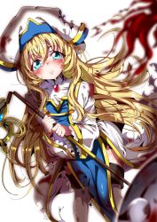 Rule 34 | 10s, 1girl, aloe (kenkou3733), blonde hair, blood, bloomers, blue eyes, blush, boots, crying, dress, frills, goblin slayer!, highres, holding, holding staff, long hair, long sleeves, looking at viewer, parted lips, priestess (goblin slayer!), sad, simple background, solo, staff, tears, thigh boots, thighhighs, torn clothes, underwear, white background, wide sleeves
