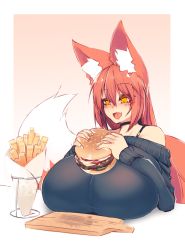 Rule 34 | 1girl, animal ear fluff, animal ears, black choker, breast rest, breasts, burger, choker, commentary, cutting board, fang, food, fox ears, fox girl, fox tail, french fries, gigantic breasts, hair between eyes, highres, large tail, long hair, long sleeves, off shoulder, orange eyes, original, oversized food, oversized object, red hair, sam (sub-res), simple background, solo, sub-res, tail, upper body