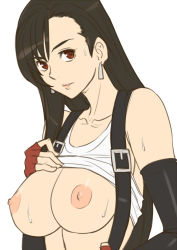 Rule 34 | 1990s (style), 1girl, breasts, brown hair, clothes lift, earrings, final fantasy, final fantasy vii, fingerless gloves, gloves, gus (clarkii), jewelry, long hair, nipples, red eyes, retro artstyle, shirt lift, simple background, solo, suspenders, sweat, tifa lockhart