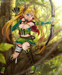 Rule 34 | 1girl, ahoge, armor, arrow (projectile), bandages, blonde hair, blue eyes, bow, bow (weapon), braid, branch, breasts, capelet, cleavage, drawing bow, elf, facial mark, flower, forehead mark, greaves, green nails, hair flower, hair ornament, hair ribbon, holding, holding bow (weapon), holding weapon, horns, in tree, knife, large breasts, leaf, long hair, midriff, nail polish, naomi (fantasia), original, outdoors, pointy ears, pouch, quiver, ribbon, sandals, shingoku no valhalla gate, shoes, sitting, sitting in tree, solo, toeless footwear, toenail polish, toenails, toes, tree, twintails, weapon