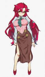 1girl absurdres breasts brown_skirt closed_mouth full_body glasses green_necktie hair_down highres large_breasts long_hair long_sleeves looking_at_viewer necktie pink_shirt puffy_sleeves puppet_art red_footwear red_hair shirt simple_background skirt solo standing teacher tengen_toppa_gurren_lagann very_long_hair white_background yellow_eyes yoko_littner yomako